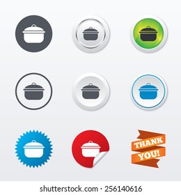 Cooking pan sign icon. Boil or stew food symbol. Circle concept buttons. Metal edging. Star and label sticker. Vector