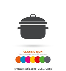 Cooking pan sign icon. Boil or stew food symbol. Classic flat icon. Colored circles. Vector