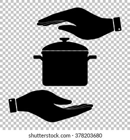 Cooking pan sign. Save or protect symbol by hands.