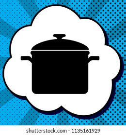 Cooking pan sign. Vector. Black icon in bubble on blue pop-art background with rays.