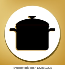 Cooking pan sign. Vector. Black icon with light brown shadow in white circle with shaped ring at golden background.