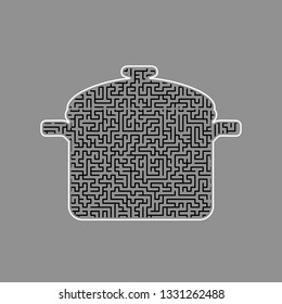Cooking pan sign. Vector. Black maze filled icon with white border at gray background.