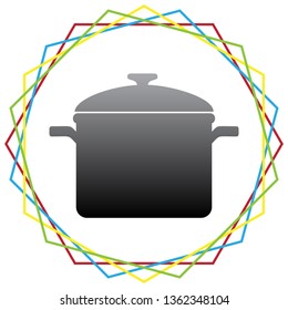 Cooking pan sign. Vector. Black icon with patch of light inside colorful hexagonal frames at white background.