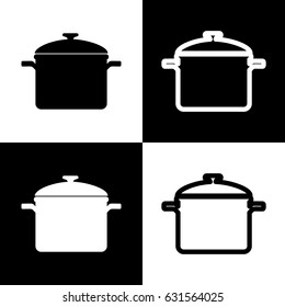 Cooking pan sign. Vector. Black and white icons and line icon on chess board.