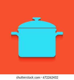 Cooking pan sign. Vector. Blue icon with soft shadow putted down on flamingo background.