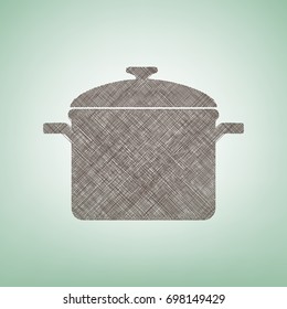 Cooking pan sign. Vector. Brown flax icon on green background with light spot at the center.