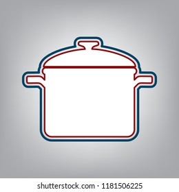 Cooking pan sign. Vector. Dark red, transparent and midnight green stroke of white icon at grayish background.