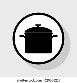 Cooking pan sign. Vector. Flat black icon in white circle with shadow at gray background.