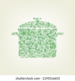 Cooking pan sign. Vector. Green hexagon rastered icon and noised opacity and size at light green background with central light.