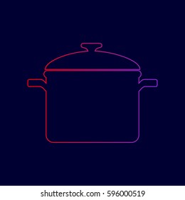 Cooking pan sign. Vector. Line icon with gradient from red to violet colors on dark blue background.