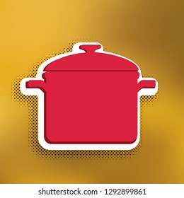 Cooking pan sign. Vector. Magenta icon with darker shadow, white sticker and black popart shadow on golden background.