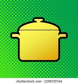 Cooking pan sign. Vector. Pop art orange to yellow dots-gradient icon with black contour at greenish background.