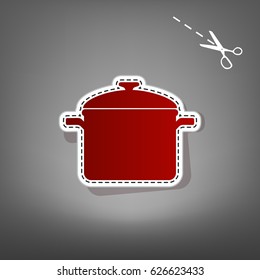Cooking pan sign. Vector. Red icon with for applique from paper with shadow on gray background with scissors.