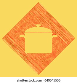 Cooking pan sign. Vector. Red scribble icon obtained as a result of subtraction rhomb and path. Royal yellow background.