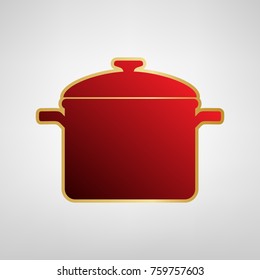 Cooking pan sign. Vector. Red icon on gold sticker at light gray background.