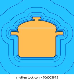 Cooking pan sign. Vector. Sand color icon with black contour and equidistant blue contours like field at sky blue background. Like waves on map - island in ocean or sea.