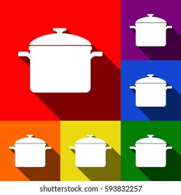 Cooking pan sign. Vector. Set of icons with flat shadows at red, orange, yellow, green, blue and violet background.