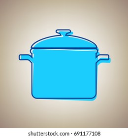 Cooking pan sign. Vector. Sky blue icon with defected blue contour on beige background.