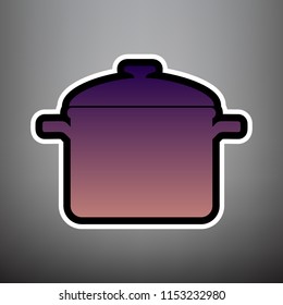 Cooking pan sign. Vector. Violet gradient icon with black and white linear edges at gray background.