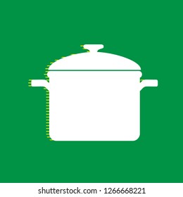 Cooking pan sign. Vector. White flat icon with yellow striped shadow at green background.