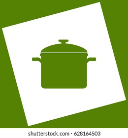 Cooking pan sign. Vector. White icon obtained as a result of subtraction rotated square and path. Avocado background.