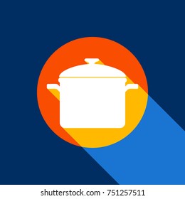 Cooking pan sign. Vector. White icon on tangelo circle with infinite shadow of light at cool black background. Selective yellow and bright navy blue are produced.