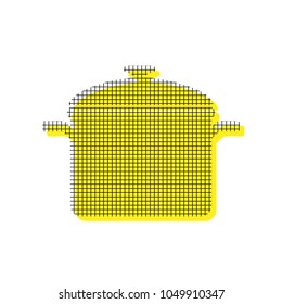 Cooking pan sign. Vector. Yellow icon with square pattern duplicate at white background. Isolated.