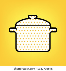 Cooking pan sign. Vector. Yellow polka dot white icon with black contour at warm yellow background.