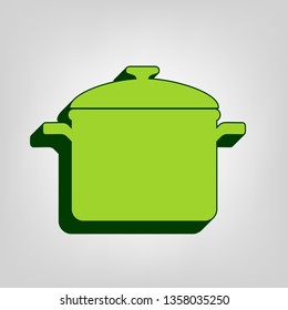 Cooking pan sign. Vector. Yellow green solid icon with dark green external body at light colored background.