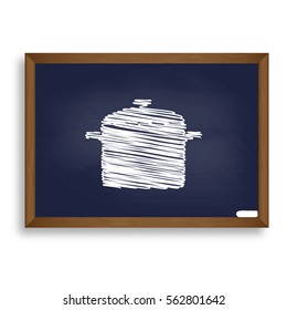 Cooking pan sign. White chalk icon on blue school board with shadow as background. Isolated.