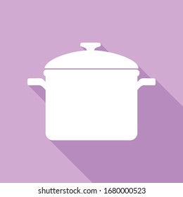 Cooking pan sign. White Icon with long shadow at purple background. Illustration.