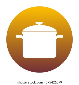 Cooking pan sign. White icon in circle with golden gradient as background. Isolated.