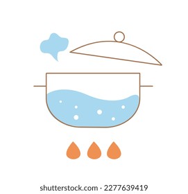Cooking in pan. Stage of preparation, boiled water with steam. Kitchen utensils on fire and on stove. Infographics and distance learning. Cartoon flat vector illustration