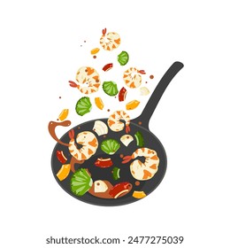 Cooking pan with stir-fried shrimp and vegetables Healthy food concept Vegetables are flying out of the pan. Cooking process vector illustration Flipping Asian food in a pan. Cartoon style. Flat.