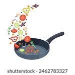 cooking pan with vegetables. Healthy food concept. Vegetables are flying out of the pan isolated on white background. Vector illustration in flat style