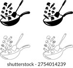 Cooking pan with vegetables silhouette and outline icon set isolated on white background, healthy stir fry food preparation illustration