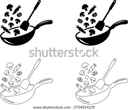 Cooking pan with vegetables silhouette and outline icon set isolated on white background, healthy stir fry food preparation illustration