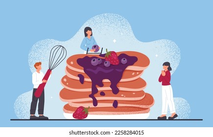 Cooking pancake concept. Man with mixer and women stand side by side with flour products with strawberries and blueberries jam. Advertising poster or banner. Cartoon flat vector illustration