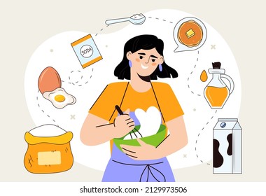 Cooking pancake concept. Young woman with whisk in her hands mixes ingredients for making delicious dessert. Flour, eggs, baking soda and butter. Sweet pastries. Cartoon flat vector illustration