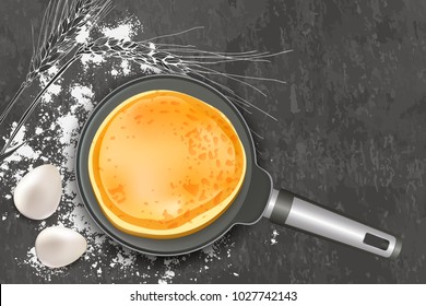 Cooking pancake vector illustration. Top view realistic pan and ingredients on dark gray slate background. Recipe and breakfast menu concept.