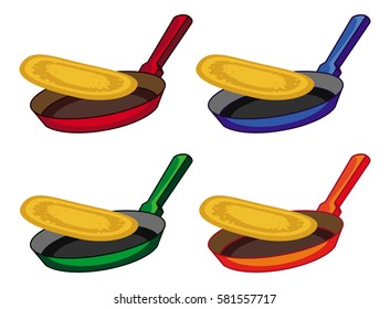 Cooking pancakes in a skillet. Vector clip art.