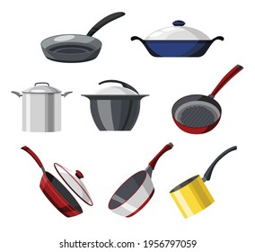 Cooking pans and pots colorful vector collection. Set of isolated icons skillet, saucepan for soup, roasting pan, and more cookware for cooking. Utensils logo design for frying food processing