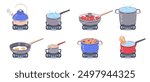 Cooking pans and pots on gas burners. Kitchen food preparing, boiling water, soup and porridge, fried eggs and meet on stove flat vector illustration set. Dinner or breakfast cook on gas stove