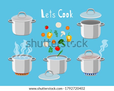 Cooking pans with water. Cartoon pan objects for kitchen of pots with boiling water and cooking ingredients, vector illustration of flaming gas burners isolated on blue background