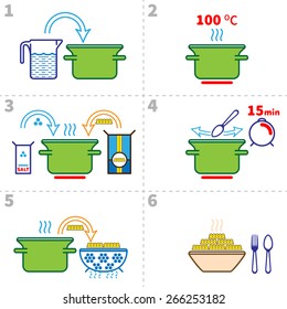 Cooking pasta infographics. Step by step recipe infographic for cooking pasta. Vector illustration italian cuisine