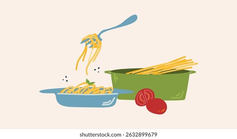 Cooking pasta. Italian cuisine. Ingredients for noodles. 