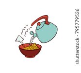 Cooking pasta - put instant noodle into bowl, add spices and boiling water, hand drawn vector illustration isolated on white background. Pouring boiling water and spices into bowl with instant noodle