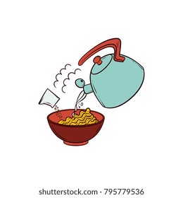 Cooking pasta - put instant noodle into bowl, add spices and boiling water, hand drawn vector illustration isolated on white background. Pouring boiling water and spices into bowl with instant noodle