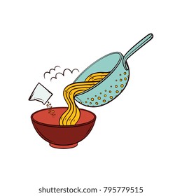 Cooking pasta - put spaghetti from colander into bowl, add salt, seasoning, hand drawn vector illustration isolated on white background. Putting cooked spaghetti from pasta strainer into serving bowl