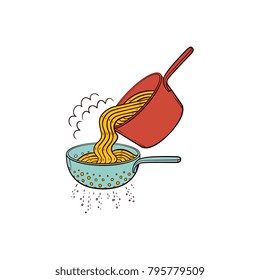 Cooking pasta - when spaghetti is cooked, drain it in colander, hand drawn vector illustration isolated on white background. Putting cooked spaghetti from pan into pasta strainer to drain water